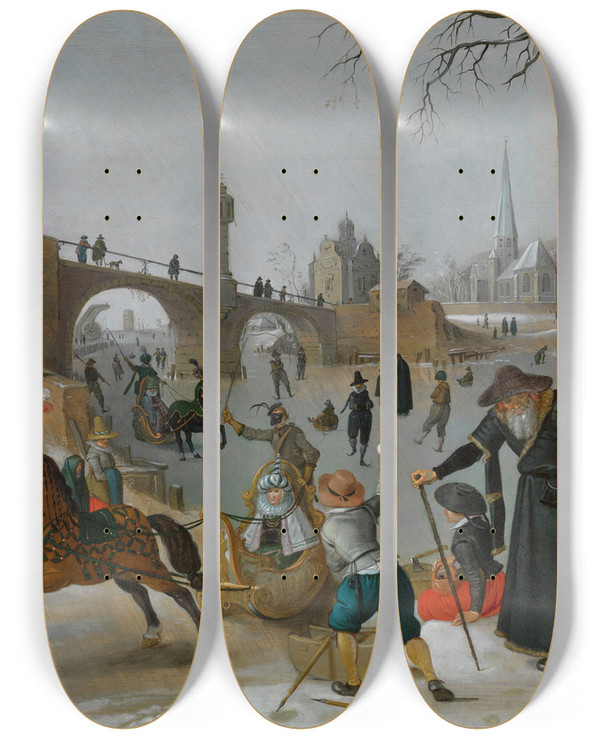 Triptych art skateboard deck of Sebastian Vrancx Winter Pleasures by Sebastian Vrancx (1573-1647)
