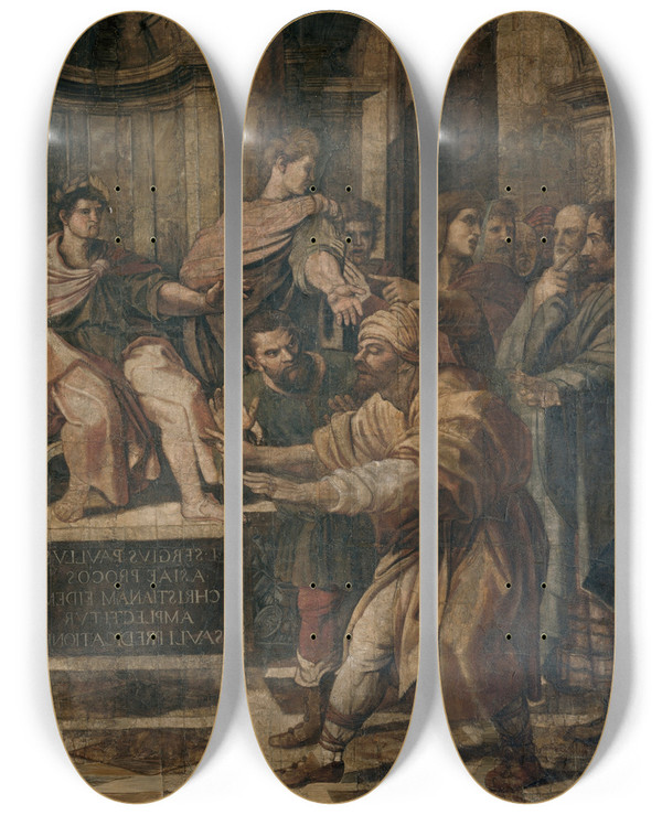 Triptych art skateboard deck of Raphael The Blinding Of Elymas by Raphael (1483-1520)