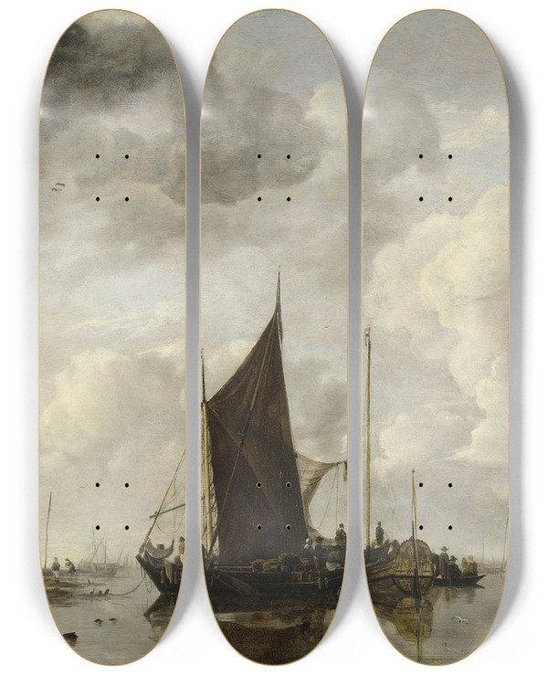 Triptych art skateboard deck of Jan Van De Cappelle Harbour Scene With Reflecting Water by Jan van de Cappelle (1626-1679)