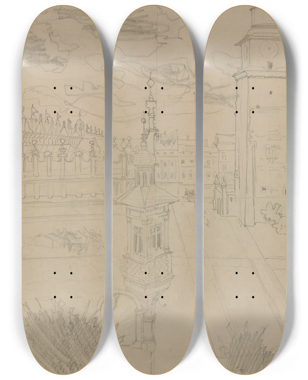 Triptych art skateboard deck of Stanisaw Wyspiaski Rynek Krakowski by Stanislaw Wyspianski (1869-1907)