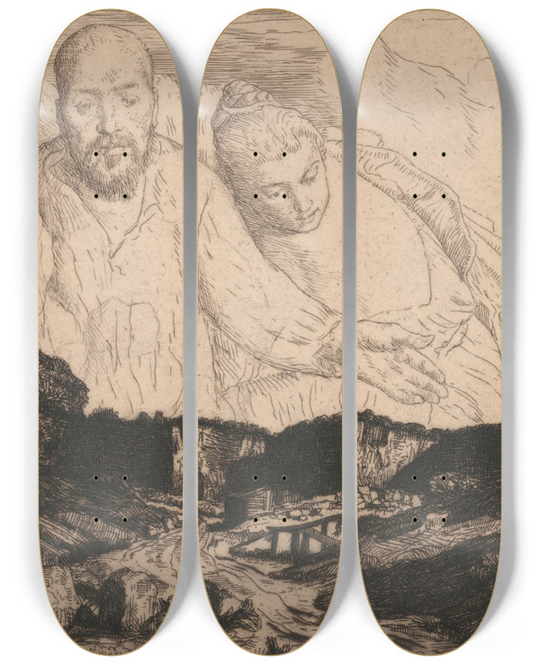 Triptych art skateboard deck of William Strang At The Back Of Beyond by William Strang (1859-1921)