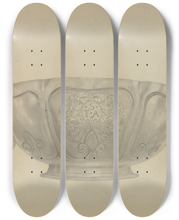 Triptych art skateboard deck of Isidore Steinberg Two Handled Silver Bowl by Isidore Steinberg (20-)