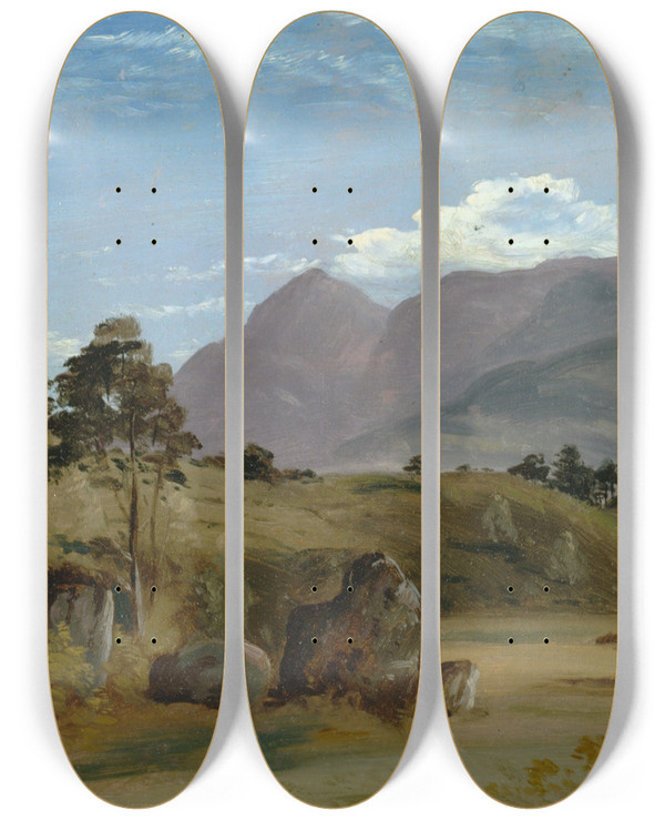Triptych art skateboard deck of Lionel Constable Mountain Landscape Possibly In The Lake District by Lionel Constable (1828-1887)