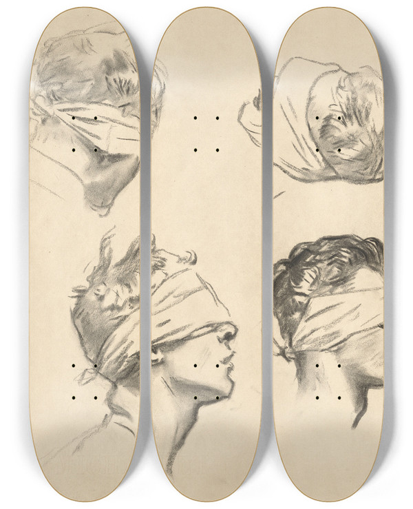 Triptych art skateboard deck of John Singer Sargent Studies For Gassed Iii by John Singer Sargent (1856-1925)
