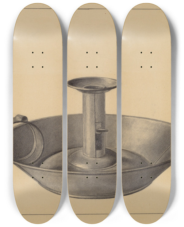 Triptych art skateboard deck of Herman Bader Candlestick by Herman Bader