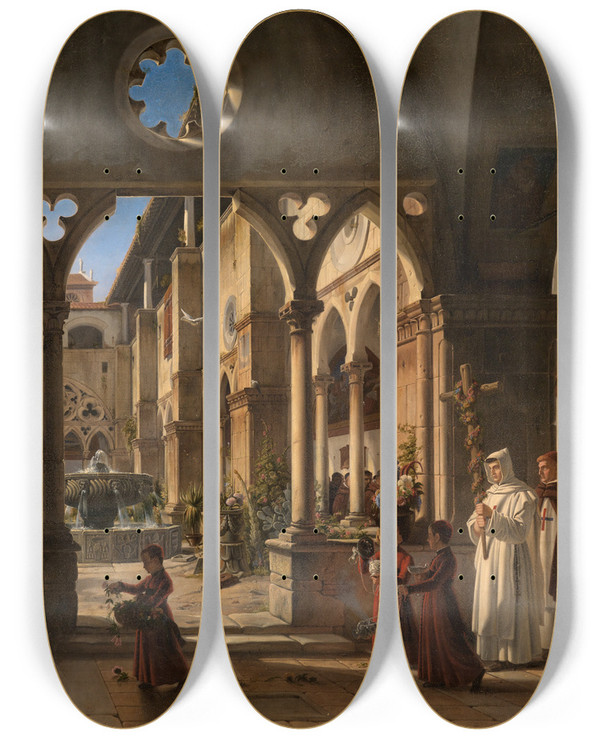 Triptych art skateboard deck of Wilhelm Gail Klosterhof Mit Prozession Von Trinitariermnchen by Wilhelm Gail (1804-1890)