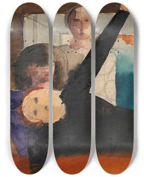 Triptych art skateboard deck of Oskar Schlemmer Zwiegesprch Anklage by Oskar Schlemmer (1888-1943)