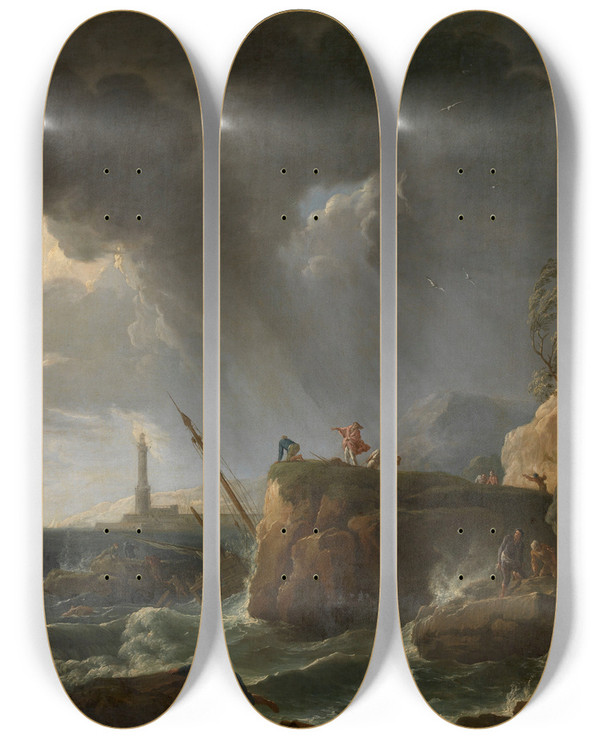 Triptych art skateboard deck of Claudejoseph Vernet Seascape by Claude Joseph Vernet (1714-1789)
