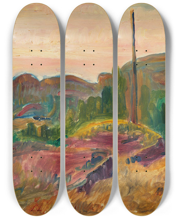 Triptych art skateboard deck of Thorvald Erichsen Evening Landscape by Thorvald Erichsen (1868-1939)