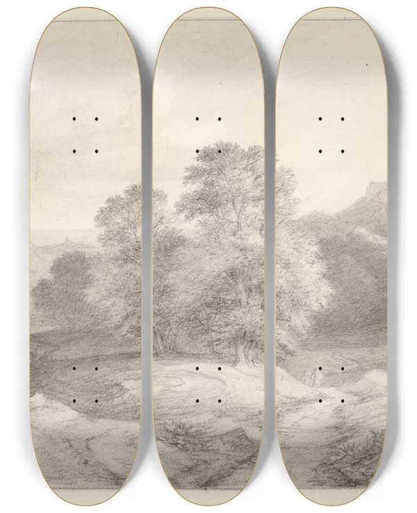 Triptych art skateboard deck of Johan Ludvig Lund Landskab Fra Roms Omegn by Johan Ludvig Lund (1777-1867)