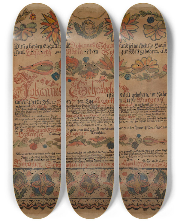 Triptych art skateboard deck of Myra Newswanger Pa German Birth Certificate by Myra Newswanger