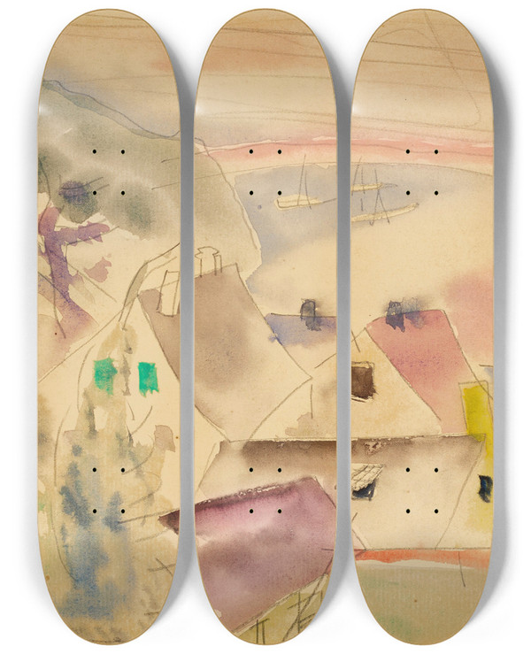 Triptych art skateboard deck of Charles Demuth Housetops Seashore by Charles Demuth (1883-1935)