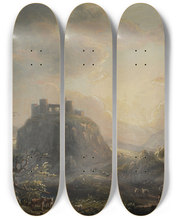 Triptych art skateboard deck of Paul Sandby Landscape With A Castle by Paul Sandby (1731-1809)