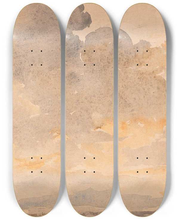 Triptych art skateboard deck of Albert Anker Wolkiger Abendhimmel Ber Hgelkette by Albert Anker (1831-1910)