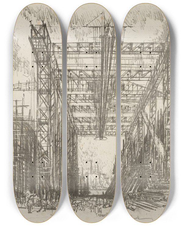 Triptych art skateboard deck of Joseph Pennell The Gantry A Merchant Shipyard by Joseph Pennell (1857-1926)