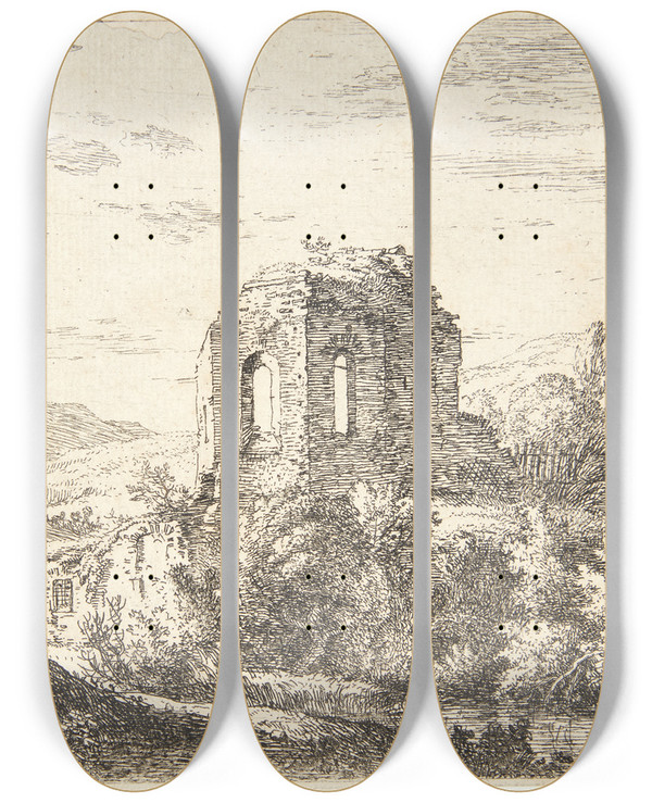 Triptych art skateboard deck of Karel Dujardin Landskab Med Tempelruiner by Karel Dujardin (1622-1678)