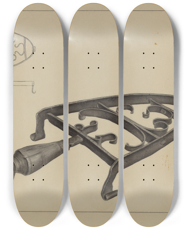 Triptych art skateboard deck of Milton Grubstein Pa German Flatiron Stand by Milton Grubstein