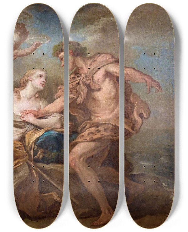 Triptych art skateboard deck of Charlesandr Van Loo Bacchus And Ariadne by Charles-Andr van Loo (1705-1765)