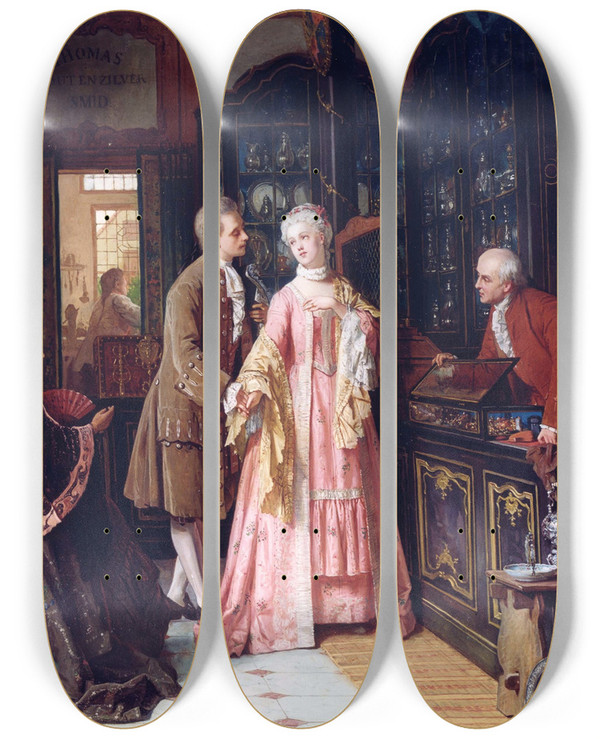 Triptych art skateboard deck of Jean Carolus Choosing The Ring by Jean Carolus (1814-1897)