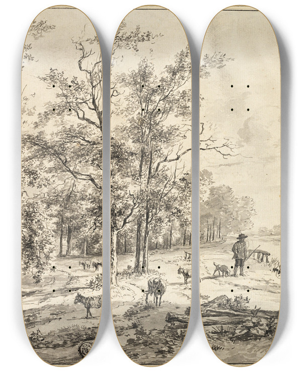Triptych art skateboard deck of Bruno Van Straaten Goatherd And Goats by Bruno Van Straaten (1786-1870)