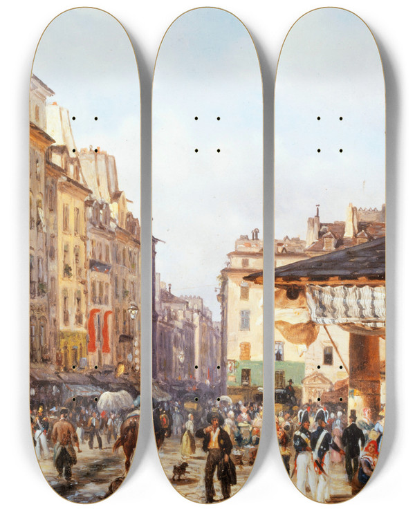 Triptych art skateboard deck of Giuseppe Canella Les Halles by Giuseppe Canella (1788-1847)