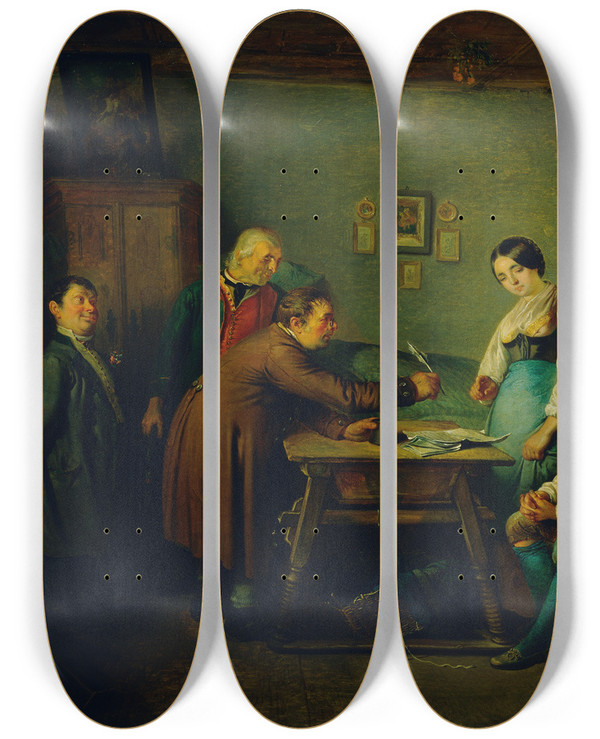 Triptych art skateboard deck of Eduard Swoboda Der Vertrag by Eduard Swoboda (1814-1902)