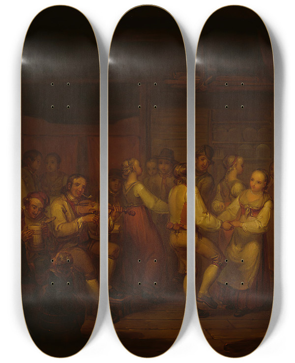 Triptych art skateboard deck of Alexander Laurus A Peasant Dance In Finland by Alexander Laureus (1783-1823)