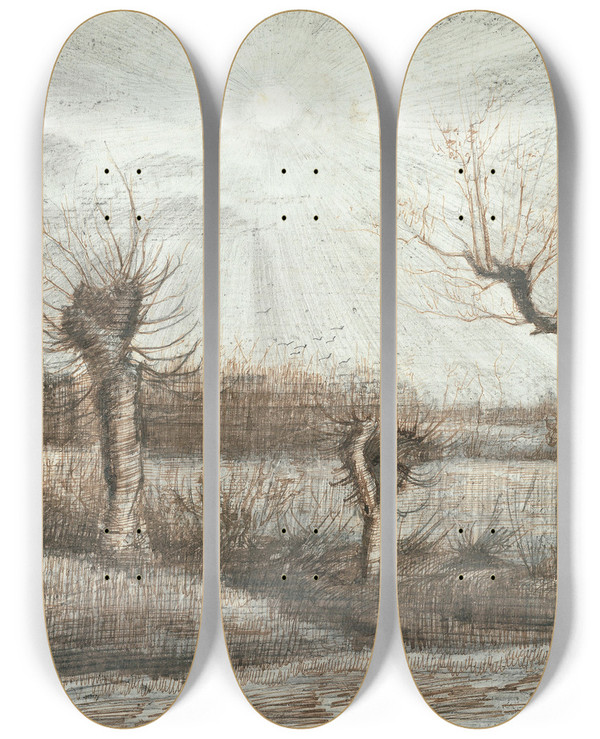Triptych art skateboard deck of Vincent Van Gogh Tetards Pollards by Vincent van Gogh (1853-1890)