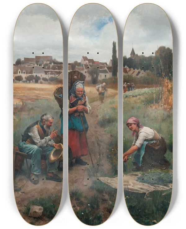 Triptych art skateboard deck of Daniel Ridgway Knight A Restful Moment by Daniel Ridgway Knight (1839-1924)