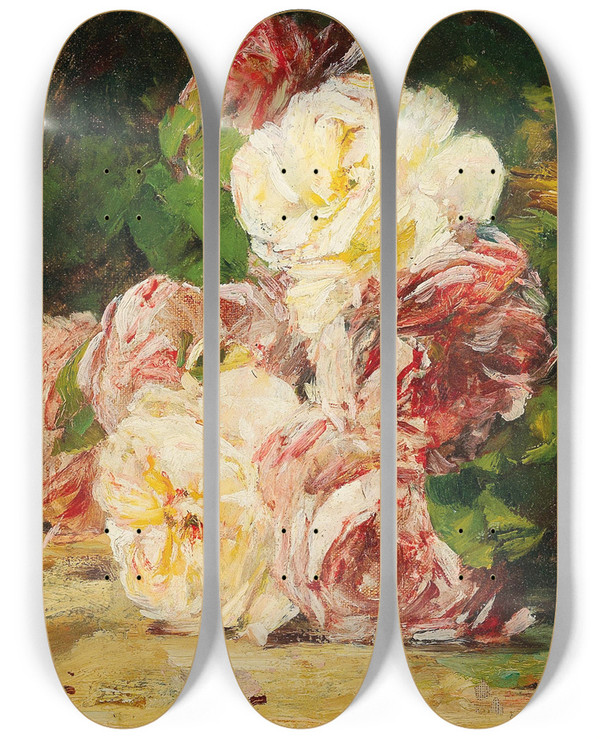 Triptych art skateboard deck of Georges Jeannin Roses V by Georges Jeannin (1841-1925)