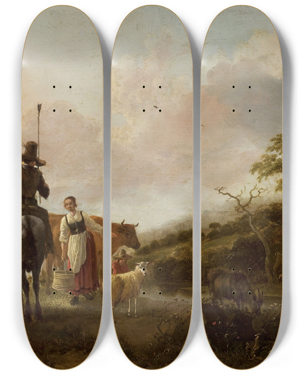 Triptych art skateboard deck of Jan Baptist Wolfaerts Pastoral Landscape by Jan Baptist Wolfaerts (1625-1687)