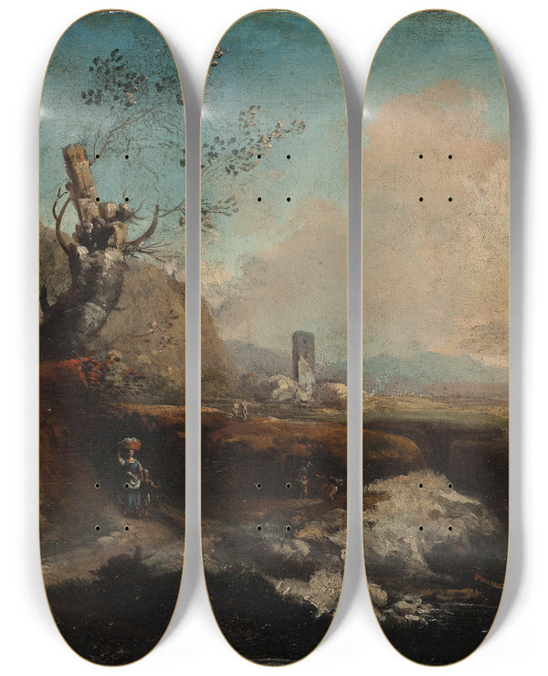 Triptych art skateboard deck of Alessio De Marchis Landscape With A Tower by Alessio de Marchis (1684-1752)