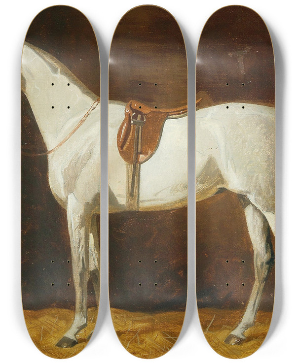 Triptych art skateboard deck of Emil Volkers Gesattelter Schimmel Im Stall by Emil Volkers (1831-1905)