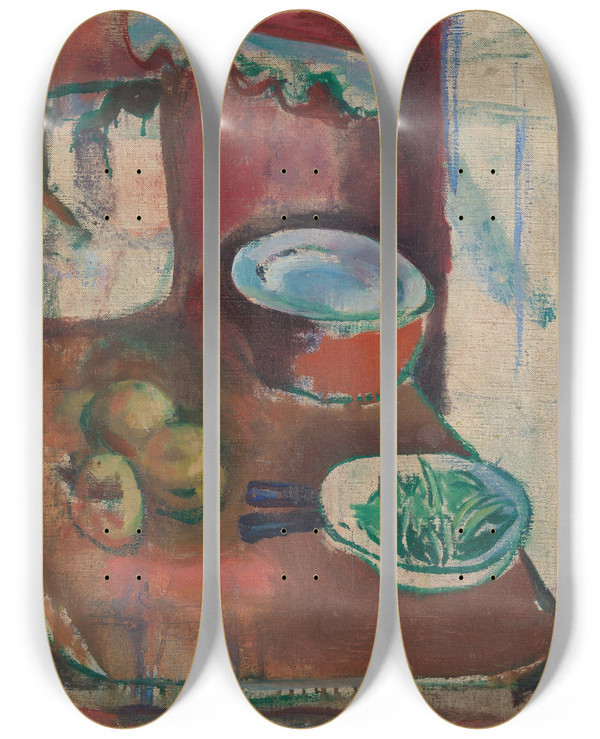 Triptych art skateboard deck of Ludvig Karsten The Red Kitchen by Ludvig Karsten (1876-1926)