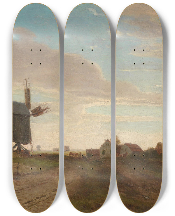 Triptych art skateboard deck of Eugen Jettel Landschaft Mit Windmhle by Eugen Jettel (1845-1901)