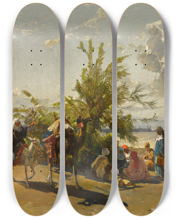 Triptych art skateboard deck of Hermann David Salomon Corrodi Encampment by Hermann David Salomon Corrodi (1844-1905)
