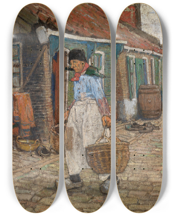 Triptych art skateboard deck of Henri Cassiers In Volendam by Henri Cassiers (1858-1944)