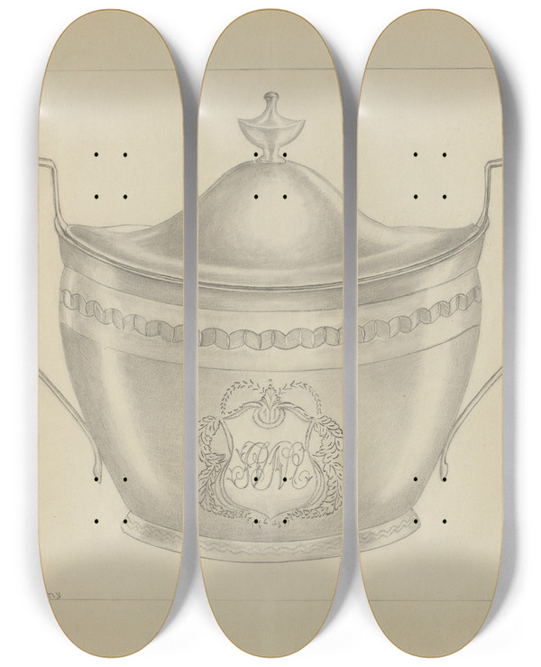 Triptych art skateboard deck of Hester Duany Silver Sugar Bowl With Cover by Hester Duany (1891-1964)