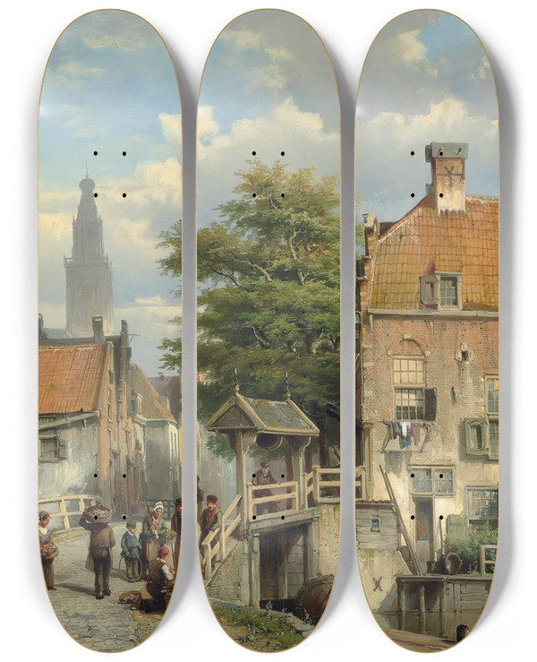 Triptych art skateboard deck of Willem Koekkoek Figures On A Bridge By A Dutch Canal by Willem Koekkoek (1839-1885)
