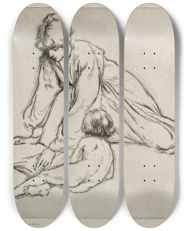 Triptych art skateboard deck of Arthur William Heintzelman The Sun Bath by Arthur William Heintzelman (1891-1965)
