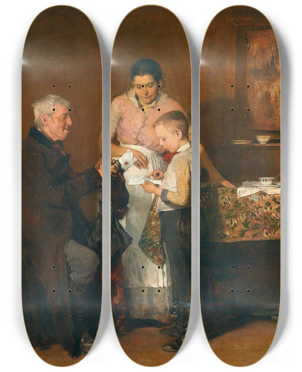 Triptych art skateboard deck of Franz Rumpler Der Brief by Franz Rumpler (1848-1922)