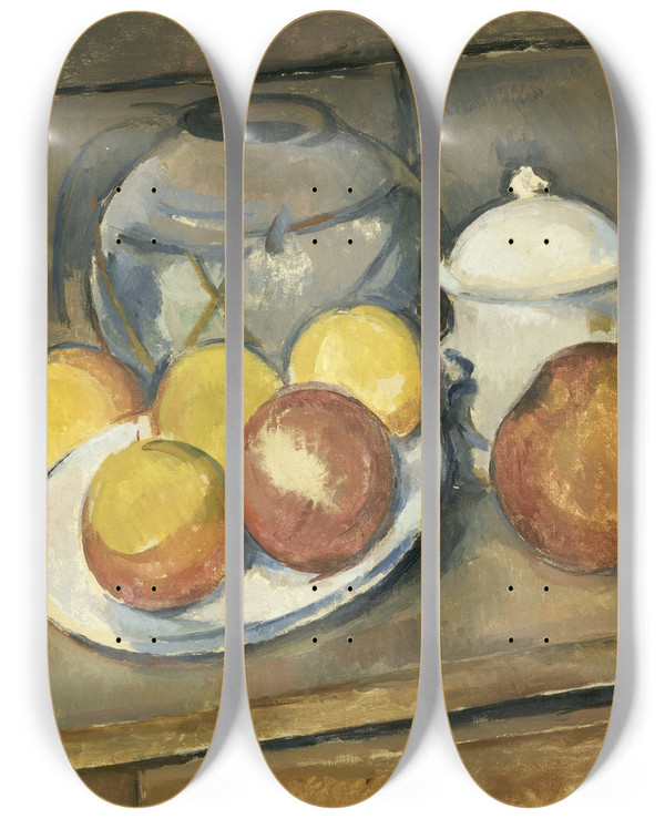 Triptych art skateboard deck of Paul Czanne Strawtrimmed Vase Sugar Bowl And Apples by Paul Cezanne (1839-1906)