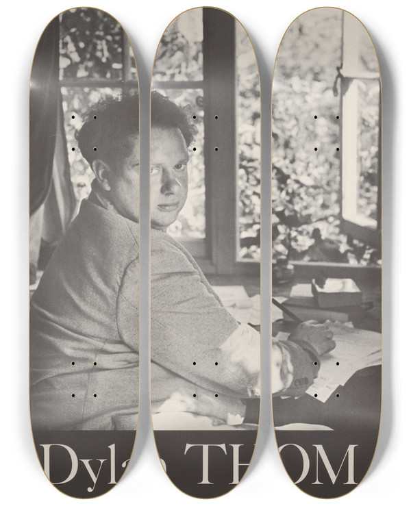 Triptych art skateboard deck of Rosalie Thorne Mckenna Dylan Thomas Great Authors From The Time Reading Program by Rosalie Thorne Mckenna (1918-2003)