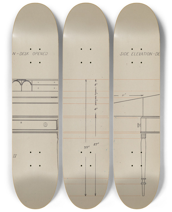 Triptych art skateboard deck of American 20Th Century Desk by American 20Th Century
