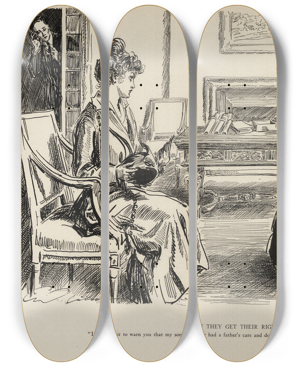 Triptych art skateboard deck of Charles Dana Gibson When They Get Their Rights by Charles Dana Gibson (1867-1944)