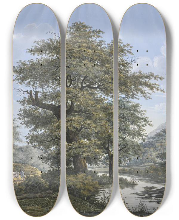 Triptych art skateboard deck of Johann David Passavant Baumreiche Landschaft In Der Mitte Eine Eiche Am Ufer Eines Flusses by Johann David Passavant (1787-1861)
