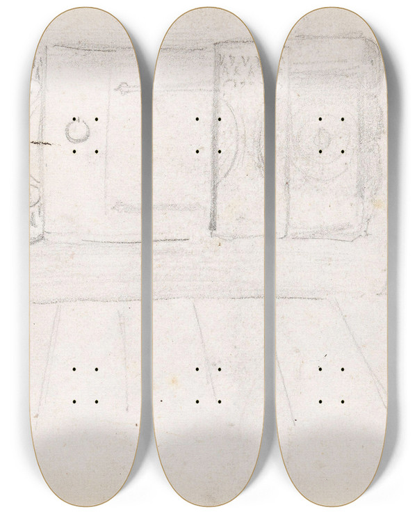 Triptych art skateboard deck of Adolph Tidemand Interir_1 by Adolph Tidemand (1814-1876)