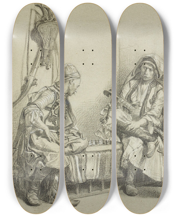 Triptych art skateboard deck of Alexandre Bida The Chess Players by Alexandre Bida (1823-1895)
