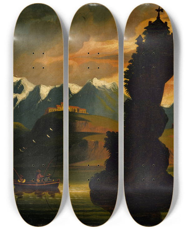 Triptych art skateboard deck of Thomas Chambers Landscape by Thomas Chambers (1808-1866)