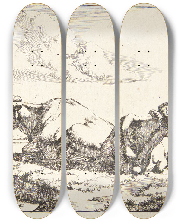 Triptych art skateboard deck of Marcus De Bye To Liggende Ker by Marcus de Bye (1638-1688)